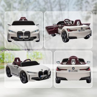 Coche Eléctrico para Niños de 3-6 Años con Licencia BMW I4 con Control Remoto, Claxon y Faros, Juguete de Coche 12V en PP y Metal, 115X67X45 Cm, Blanco, Rojo y Azul