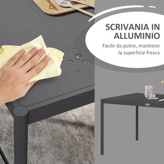 Tavolo da Giardino a Doghe da 145X90 cm, Tavolo da Pranzo Rettangolare per 6 Persone in Alluminio e Acciaio, per Patio, Terrazza, Balcone e Esterno, Grigio Scuro
