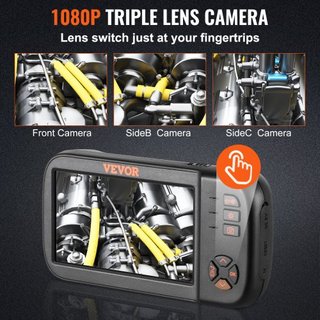 Cámara Endoscópica de Triple Lente, Cámara de Inspección Borescope de Pantalla IPS de 11.4 cm con Lente de 1080P, Cable Semi-rígido, 8 Luces, Batería de 2860 mAh, Endoscopio Impermeable para Auto,...