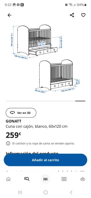 Cuna IKEA Gonatt Blanca Cajón Colchon visco baby