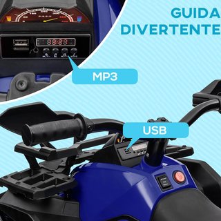 Quad Eléctrico de 12V para Niños de 3-5 Años 3-8Km/H, Coche Eléctrico para Niños con Batería de 10AH, Música, MP3, USB, Tarjeta TF, Faros y Pedal, en PP y Metal, 100X65X73 Cm, Azul