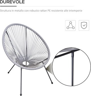 Conjunto De 4 Sillas De Jardín Ovaladas De Rattan PE Y Metal Resistente A Las Intemperies Estilo Boho Chic, Gris Claro, 73X77X87Cm