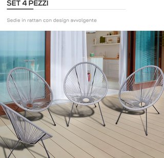 Conjunto De 4 Sillas De Jardín Ovaladas De Rattan PE Y Metal Resistente A Las Intemperies Estilo Boho Chic, Gris Claro, 73X77X87Cm