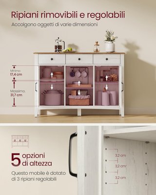 Credenza de Cocina, Mueble con 3 Cajones, Mueble con Puertas y Estante Regulable en Altura, Estilo Farmhouse, para Sala de Estar Comedor, Blanco Rústico y Nogal Medio BBK371W02V1