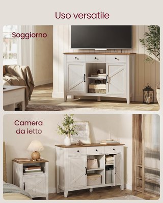 Credenza de Cocina, Mueble con 3 Cajones, Mueble con Puertas y Estante Regulable en Altura, Estilo Farmhouse, para Sala de Estar Comedor, Blanco Rústico y Nogal Medio BBK371W02V1