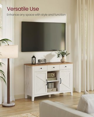 Credenza de Cocina, Mueble con 3 Cajones, Mueble con Puertas y Estante Regulable en Altura, Estilo Farmhouse, para Sala de Estar Comedor, Blanco Rústico y Nogal Medio BBK371W02V1