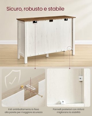 Credenza de Cocina, Mueble con 3 Cajones, Mueble con Puertas y Estante Regulable en Altura, Estilo Farmhouse, para Sala de Estar Comedor, Blanco Rústico y Nogal Medio BBK371W02V1