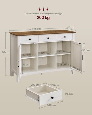 Credenza de Cocina, Mueble con 3 Cajones, Mueble con Puertas y Estante Regulable en Altura, Estilo Farmhouse, para Sala de Estar Comedor, Blanco Rústico y Nogal Medio BBK371W02V1
