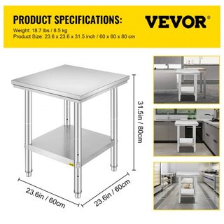 Tavolo di Preparazione in Acciaio Inox, 60x60x80 cm, Capacità di Carico 317 kg, Tavolo da Lavoro in Metallo Resistente con 3 Livelli di Altezza Regolabili, Stazione di Lavoro...
