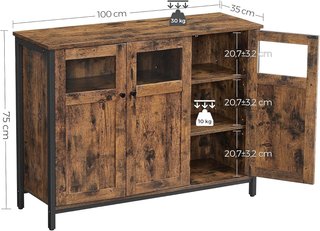 Mueble Multiusos, Credenza, Armario con Puertas de Vidrio, para Comedor, Sala de Estar, Pasillo, Cocina, Estructura de Acero, Estilo Industrial, Marrón Vintage y Negro Tinta LSC099B01