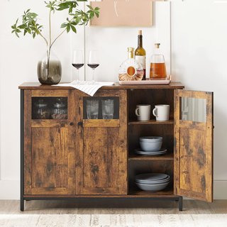 Mueble Multiusos, Credenza, Armario con Puertas de Vidrio, para Comedor, Sala de Estar, Pasillo, Cocina, Estructura de Acero, Estilo Industrial, Marrón Vintage y Negro Tinta LSC099B01
