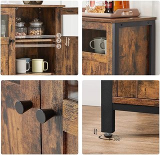 Mueble Multiusos, Credenza, Armario con Puertas de Vidrio, para Comedor, Sala de Estar, Pasillo, Cocina, Estructura de Acero, Estilo Industrial, Marrón Vintage y Negro Tinta LSC099B01