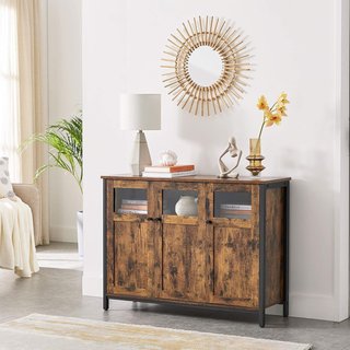 Mueble Multiusos, Credenza, Armario con Puertas de Vidrio, para Comedor, Sala de Estar, Pasillo, Cocina, Estructura de Acero, Estilo Industrial, Marrón Vintage y Negro Tinta LSC099B01