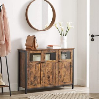 Mueble Multiusos, Credenza, Armario con Puertas de Vidrio, para Comedor, Sala de Estar, Pasillo, Cocina, Estructura de Acero, Estilo Industrial, Marrón Vintage y Negro Tinta LSC099B01