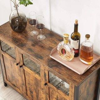 Mueble Multiusos, Credenza, Armario con Puertas de Vidrio, para Comedor, Sala de Estar, Pasillo, Cocina, Estructura de Acero, Estilo Industrial, Marrón Vintage y Negro Tinta LSC099B01