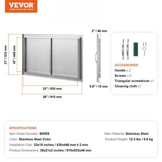 Puerta de Acceso para BBQ, Puerta Doble para Cocina Exterior de 915x533 mm, Puerta de Montaje Flush de Acero Inoxidable, Puerta Vertical de Pared con Manijas, para Isla de BBQ, Estación de Asado, ...