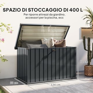 Baúl Exterior de 400L con Tapa de Doble Palanca, Cerradura y 2 Llaves, Contenedor de Exterior Impermeable de Acero Galvanizado, 124X66X72 Cm, Gris Oscuro