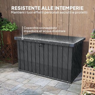 Baúl Exterior de 400L con Tapa de Doble Palanca, Cerradura y 2 Llaves, Contenedor de Exterior Impermeable de Acero Galvanizado, 124X66X72 Cm, Gris Oscuro