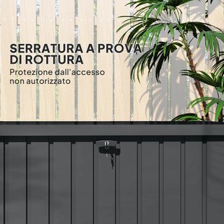 Baúl Exterior de 400L con Tapa de Doble Palanca, Cerradura y 2 Llaves, Contenedor de Exterior Impermeable de Acero Galvanizado, 124X66X72 Cm, Gris Oscuro
