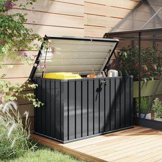 Baúl Exterior de 400L con Tapa de Doble Palanca, Cerradura y 2 Llaves, Contenedor de Exterior Impermeable de Acero Galvanizado, 124X66X72 Cm, Gris Oscuro