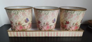 Set 3 Macetas con Bandeja Metal Dorado Rosa