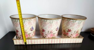 Set 3 Macetas con Bandeja Metal Dorado Rosa