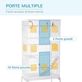 Gabbia per Uccelli in Acciaio e PP con Posatoi, Giocattoli, Contenitori per Cibo e Vassoio Estraibile, 83X53X180 Cm, Bianca
