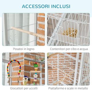 Gabbia per Uccelli in Acciaio e PP con Posatoi, Giocattoli, Contenitori per Cibo e Vassoio Estraibile, 83X53X180 Cm, Bianca