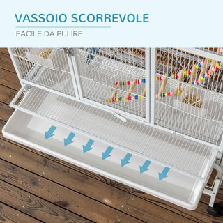 Gabbia per Uccelli in Acciaio e PP con Posatoi, Giocattoli, Contenitori per Cibo e Vassoio Estraibile, 83X53X180 Cm, Bianca