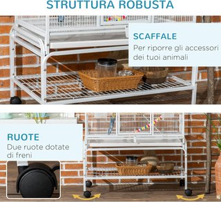 Gabbia per Uccelli in Acciaio e PP con Posatoi, Giocattoli, Contenitori per Cibo e Vassoio Estraibile, 83X53X180 Cm, Bianca