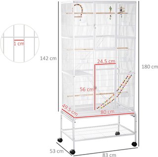 Gabbia per Uccelli in Acciaio e PP con Posatoi, Giocattoli, Contenitori per Cibo e Vassoio Estraibile, 83X53X180 Cm, Bianca