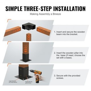 Kit de Soporte para Pérgola 10.2 cm x 10.2 cm, Tamaño Interno 9.1 cm x 9.1 cm 4pcs Soporte de Esquina de 3 Vías de Alta Resistencia para Trabajos en Madera DIY, Instalación Fácil de Vigas de Mader...