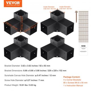 Kit de Soporte para Pérgola 10.2 cm x 10.2 cm, Tamaño Interno 9.1 cm x 9.1 cm 4pcs Soporte de Esquina de 3 Vías de Alta Resistencia para Trabajos en Madera DIY, Instalación Fácil de Vigas de Mader...