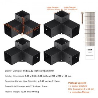 Kit de Soporte para Pérgola 10.2 cm x 10.2 cm, Tamaño Interno 9.1 cm x 9.1 cm 4pcs Soporte de Esquina de 3 Vías de Alta Resistencia para Trabajos en Madera DIY, Instalación Fácil de Vigas de Mader...