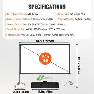 Pantalla de Proyector con Soporte, Pantalla de Película Exterior de 150 pulgadas 16:9 4K 1080 HD con Soporte, Pantalla de Proyección Sin Arrugas con Trípodes y Bolsa de Transporte, para Cine en Ca...