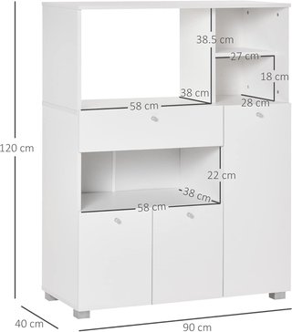 Credenza de Cocina para Microondas y Horno, Mueble de Cocina con Armarios, Estantes y Cajón, Mueble Despensa Moderna en Aglomerado para Salón, 90X40X120 Cm, Blanco