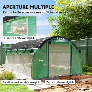 Invernadero de Jardín en Túnel 4X3X2 M con Red Sombreante, Invernadero para Huerto 8 Ventanas, 2 Puertas y Paredes Laterales Enrollables, Estructura de Acero y Cubierta de PE, para Verduras Flores...