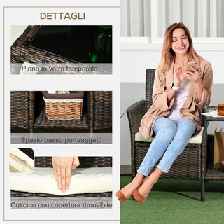 Banco de Jardín de 2 Plazas en Ratán y Acero, Banco de Exterior con Cojines Extraíbles y Mesa con Tablero de Vidrio Templado, Sofá de Exterior, 138X60X87 Cm, Marrón
