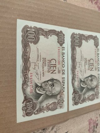 2 Billetes 100 Pesetas 1970 Correlativos