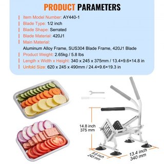 Cortadora de Verduras Comercial, Cortadora de Frutas de 1/2 pulgada, Máquina Cortadora de Verduras de Acero Inoxidable y Aleación de Aluminio, Cortadora Manual con Pies Antideslizantes, para Rában...