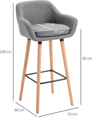Set de 2 Taburetes Altos con Respaldo y Apoyapies, Taburetes de Cocina Estilo Vintage en Tela con Cojín y Patas de Madera para Comedor 55X48X100Cm