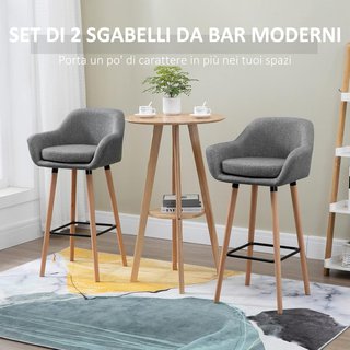 Set de 2 Taburetes Altos con Respaldo y Apoyapies, Taburetes de Cocina Estilo Vintage en Tela con Cojín y Patas de Madera para Comedor 55X48X100Cm