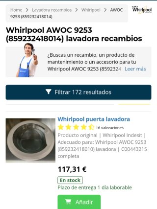 Puerta Whirlpool AWOC 9253 Lavadora