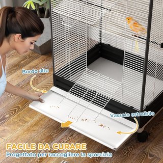 Gabbia per Uccelli con Ruote e Stanghe in Plastica, Tetto e Mangiatoie, Voliera in Acciaio con Vassoio Estraibile, Per Interno ed Esterno, 79X65X155Cm, Nero