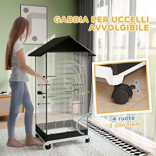 Gabbia per Uccelli con Ruote e Stanghe in Plastica, Tetto e Mangiatoie, Voliera in Acciaio con Vassoio Estraibile, Per Interno ed Esterno, 79X65X155Cm, Nero