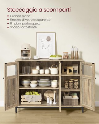 Mueble Multiusos, Credenza, Armario con Puertas de Vidrio, para Comedor, Sala de Estar, Pasillo, Cocina, Estructura de Acero, Estilo Industrial, Marrón Turquesa y Negro Tinta