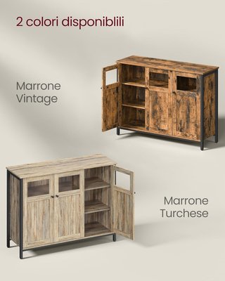 Mueble Multiusos, Credenza, Armario con Puertas de Vidrio, para Comedor, Sala de Estar, Pasillo, Cocina, Estructura de Acero, Estilo Industrial, Marrón Turquesa y Negro Tinta