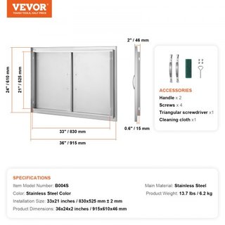 Puerta de Acceso para BBQ, Puerta Doble para Cocina Exterior de 915x610 mm, Puerta de Montaje Flush de Acero Inoxidable, Puerta Vertical de Pared con Manijas, para Isla de BBQ, Estación de Asado, ...