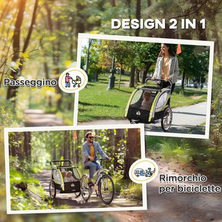 Remolque de Bicicleta para Niños y Cochecito, Diseño 2 en 1 con Freno, Cinturón de 5 Puntos, Carrito Remolque para Bicicleta con Bolsillos Laterales, Catadióptricos y Bandera