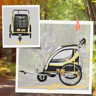 Remolque de Bicicleta para Niños y Cochecito, Diseño 2 en 1 con Freno, Cinturón de 5 Puntos, Carrito Remolque para Bicicleta con Bolsillos Laterales, Catadióptricos y Bandera